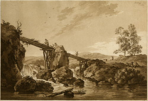 Antique Master Print-Landscape with a large wooden bridge-Piringer-Dietricy-1801 - Main Image Antique Master Print-Landscape with a large wooden bridge-Piringer-Dietricy-1801 - Main Image