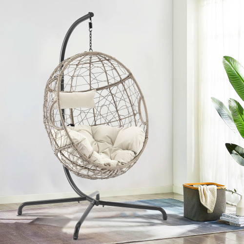 Patio Wicker Swing Egg Chair Basket Rattan Teardrop Hanging Lounge Chair with Stand and Cushions