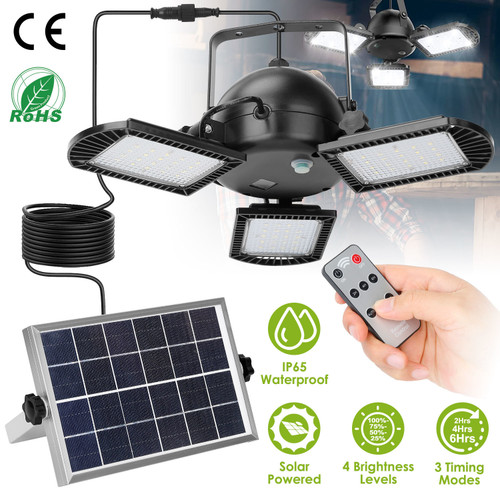 Solar Pendant Lights IP65 Waterproof Shed Light 120° Adjustable Garage Light with 3 Timing Modes 4 Brightness Levels 