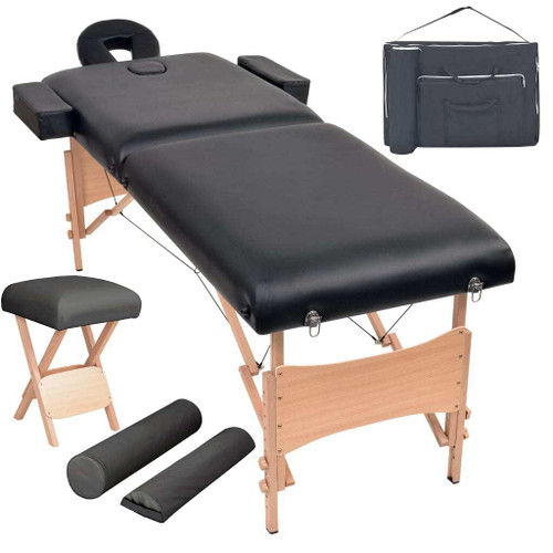  2-Zone Folding Massage Table and Stool Set 3.9" Thick Black
