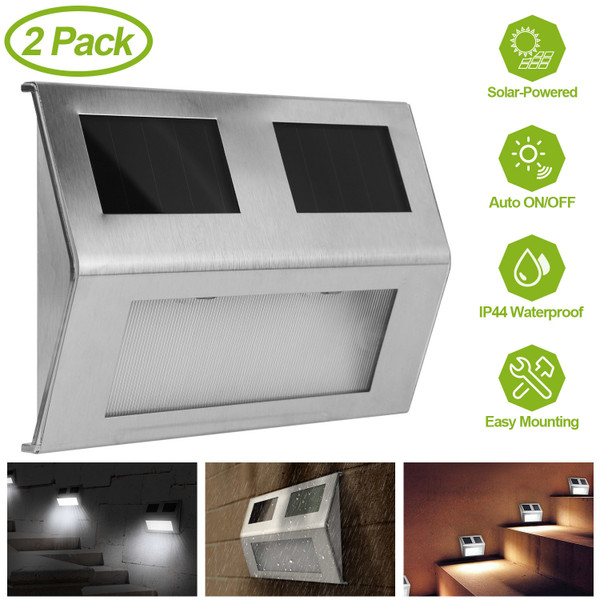 2 Pack Solar Light 2 LEDs Wall Lamp Stair Step Outdoor Waterproof Security Light with Auto On/Off 