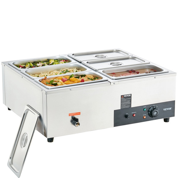 VEVOR 6-Pan Commercial Food Warmer, 6 x 8QT Electric Steam Table, 1200W Professional Countertop Stainless Steel Buffet Bain Marie with 86-185°F Temp Control for Catering and Restaurants, Silver