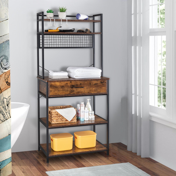 5-Tier Kitchen Bakers Rack with 10 S-Shaped Hooks and 1 drawer ; Industrial Microwave Oven Stand; Free Standing Kitchen Utility Cart Storage Shelf Organizer (Rustic Brown)