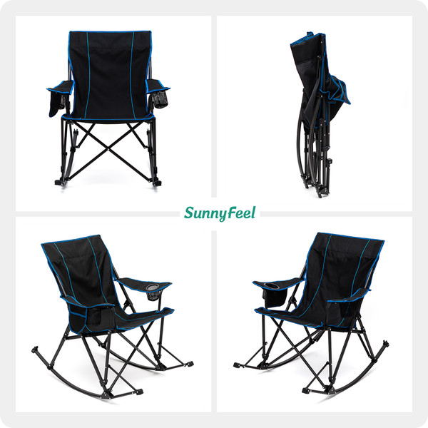 Oversized Rocking Camping Chair, Outdoor Luxury Padded Recliner, Folding Lawn Chair with Pocket, 300 LBS Heavy Duty for Picnic/Lounge/Patio, Portable Camp Rocker Chairs
