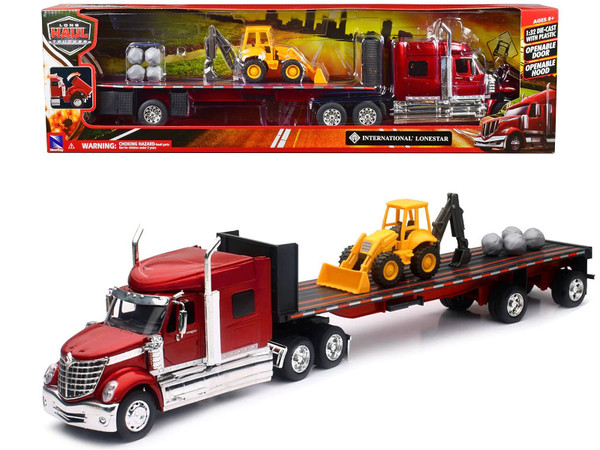 International Lonestar Truck with Flatbed Trailer Red Metallic with Front Loader and Rocks "Long Ha