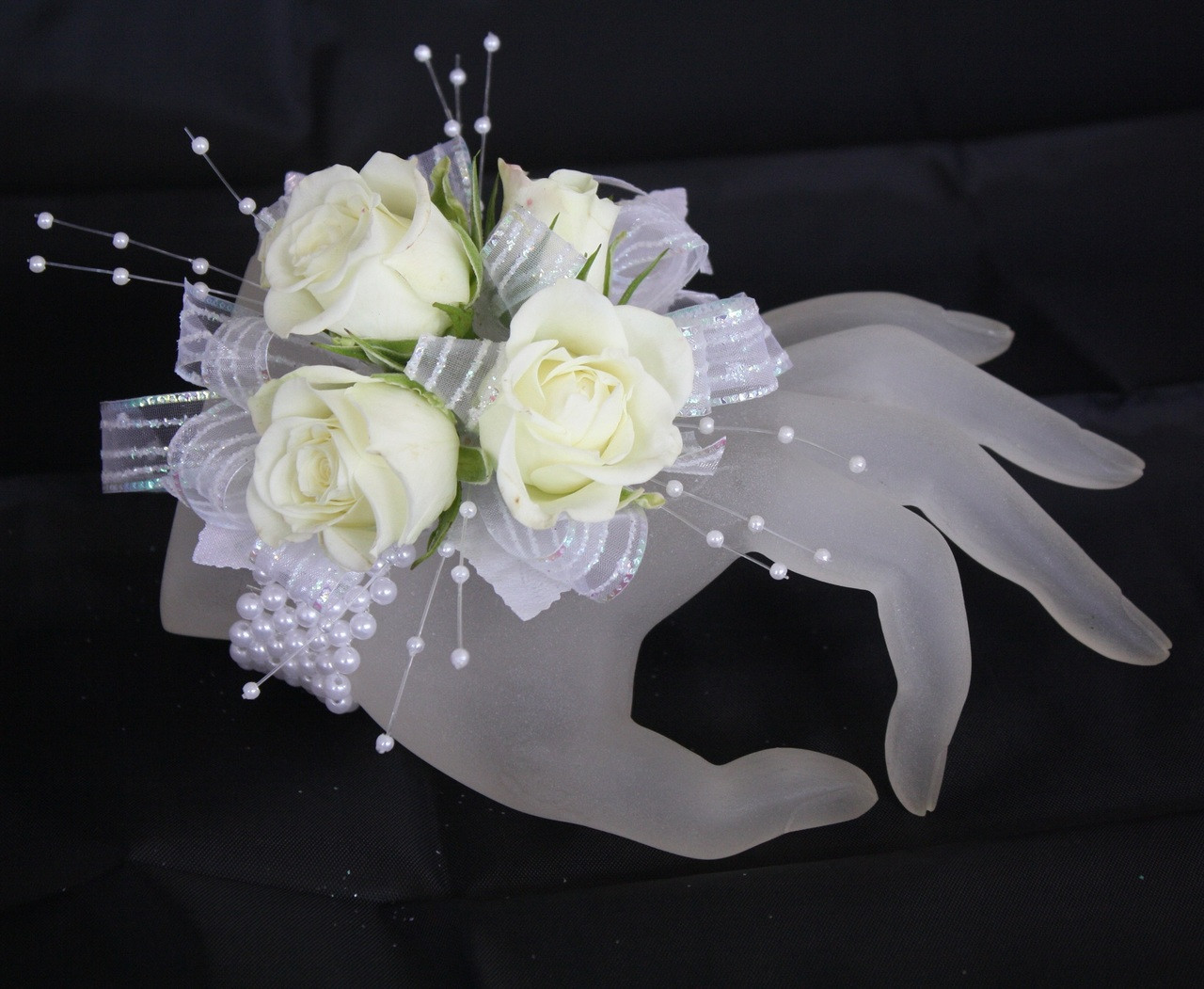 White Rose Wrist Corsage with Iridescent Ribbon & Bling in Avon
