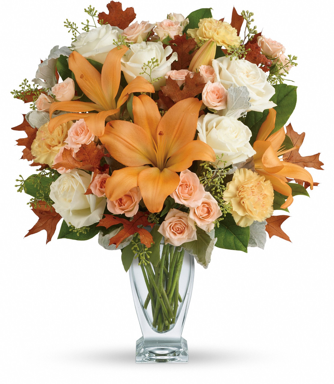 Orange Asiatic Lily + Orange & Red Roses + Peach Carnations - The Bouqs Co.