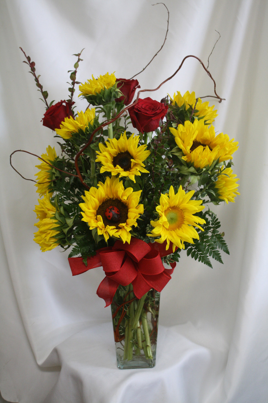 Sunflower And Red Rose Arrangements Houston Flower Delivery 9095