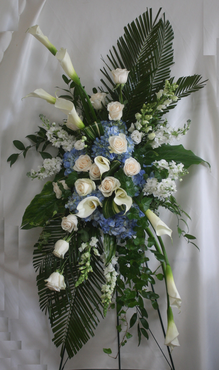 Galaxy Wide Blue and White Funeral Flowers Spray
