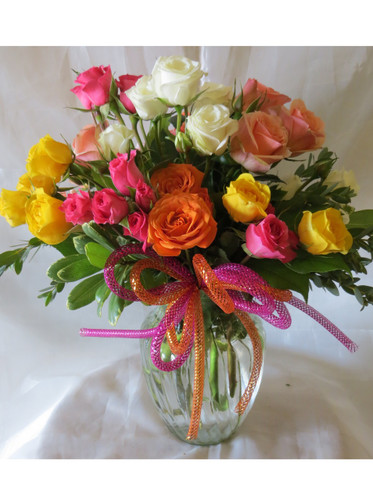 Simply Spray Roses Bouquet of Flowers by Enchanted Florist Pasadena TX - Get well flowers delivered in and around the Houston Texas area. Beautiful and simple orange spray roses, yellow spray roses, pink spray roses, white spray roses in a clear vase with a fun tube bow for same day flower delivery in Houston TX by a real flower shop. RM142
