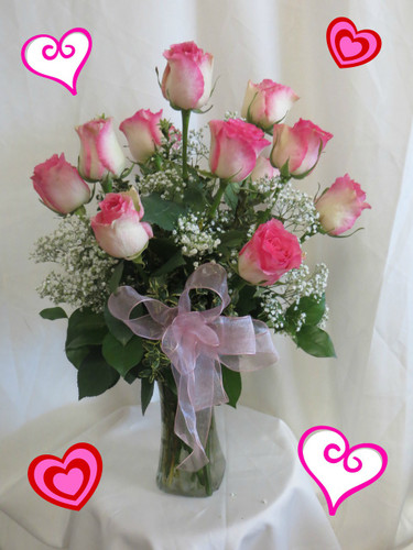 Perfectly Pink Dozen Valentine Roses by Enchanted Florist Pasadena TX. One dozen romantic variegated hot pink tipped crème roses designed by our talented design team. We also deliver in Houston, Deer Park, Friendswood, and more. RM902