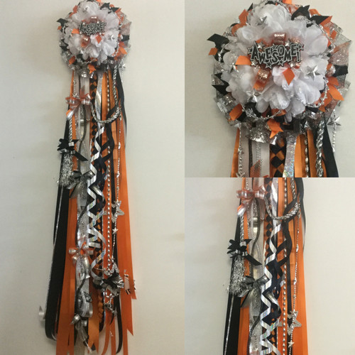 The Dobie High School Homecoming Mum from Enchanted Florist can be designed in any color for any school. It includes a single mum flower, trinkets, a chain, and a Military braid as shown.  HMC119