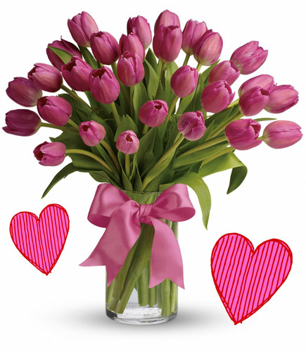 30 Pink Tulips for Valentines Day by Enchanted Florist Pasadena TX.  Thirty pink tulips are long lasting and a beautiful non traditional option for Valentines Day for when your special someone wants you to think outside the box, but still want something in the traditional pink colors. RM950