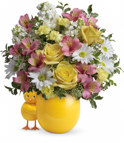 Sweet Peep in Pink New Baby Chick Flower Bouquet from Enchanted Florist. This cheerful new baby bouquet includes lush yellow roses, light pink alstroemeria, miniature light yellow carnations, white stock, white daisy mums, and various greenery. It's hand delivered by our real florist professionals in this happy chick vase.  SKU RM321