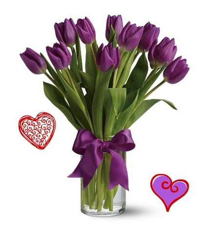 10 Purple Tulips for Valentines Day by Enchanted Florist Pasadena TX.  Ten purple tulips are long lasting and a beautiful non traditional option for Valentines Day. Approximately 13"W x 16"H
SKU RM968    