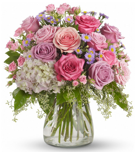My Shining Light Pink Rose Bouquet from Enchanted Florist Pasadena TX. Lavender and pink flowers such as roses, hydrangea, monte cassino asters, eucalyptus and salal are arranged in a clear glass vase. Approximately 16" W x 17" H. For local delivery only.
SKU RM116