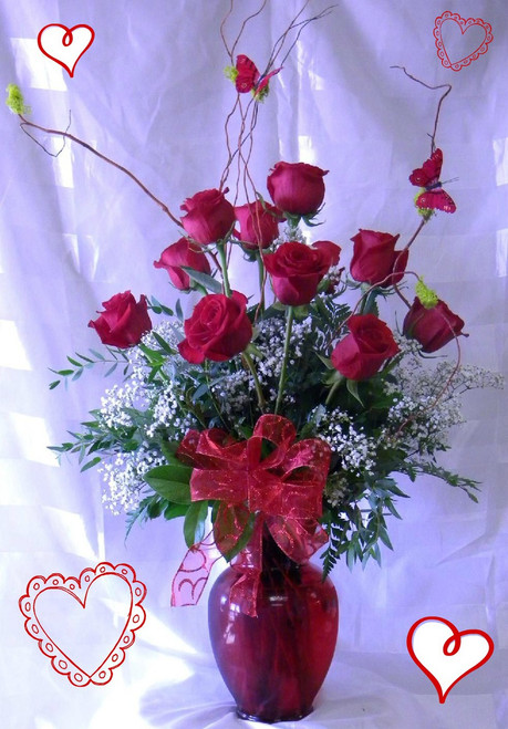 Fire and Ice Premium Dozen Red Roses for Valentines Day from Enchanted Florist. When you want to send the VERY best! Our top selling bouquet, romance is fire and ice- hot and cold. Our beautiful long stem roses from Ecuador are hand delivered in an upgraded red vase using premium foliages, curly willow, and topped off with two dancing butterflies. RM905