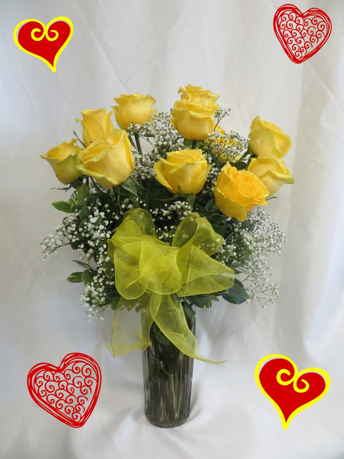 Yellow Dozen Roses for Valentines Day by Enchanted Florist Pasadena TX - because not everyone likes red roses. Our premium Ecuadorian yellow roses come expertly arranged in a vase with baby's breath and a bow. RM915