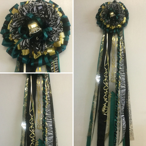 The Zebra Flower Homecoming Mum by Enchanted Florist, your homecoming mums headquarters. This is a special mum with a zebra flowers. It includes a spiral braid in your school colors as well. HMC110