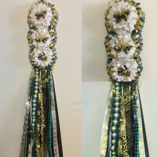 The Triple Homecoming Mum from Enchanted Florist includes a triple mum flower, trinkets, metallic chain, the Military braid, a mini Box braid, and the Loopty braid in the school colors of your choice. HMC112