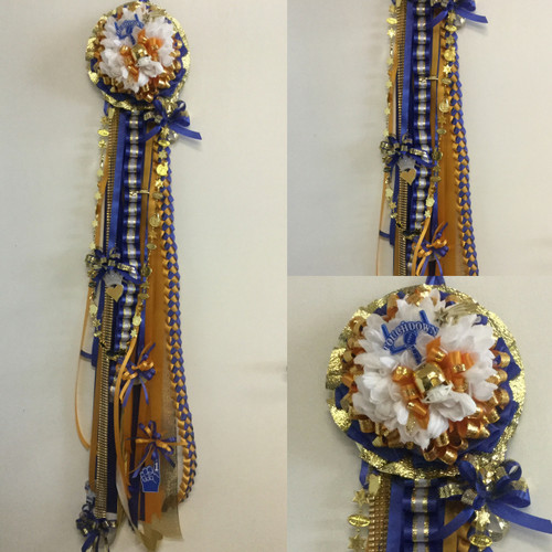 The Milby High School Homecoming Mum from Enchanted Florist includes a single mum flower, trinkets, chains, Loopty briad and Military braid in Milby High School colors, but can be created in the school colors of your choice. 