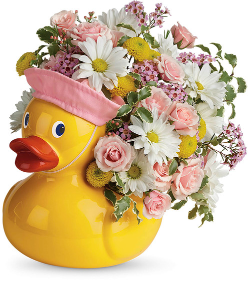 Baby Girls First Rubber Ducky Flower Bouquet by Enchanted Florist Pasadena TX.  This rubber ducky flower bouquet is professionally designed by our experts with white daisy spray chrysanthemums, pink spray roses, and yellow button spray chrysanthemums and accented with pink wax flower and various greenery.
SKU RM 301