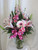 Sassy Cassy Stargazer Pink Gerbera Bouquet by Enchanted Florist. This all pink bouquet of flowers includes stargazers, of course, as well as roses, gerbera daisy, regular daisy, larkspur and pixie carnations. Approximately 27" x 15"W.  
SKU RM136