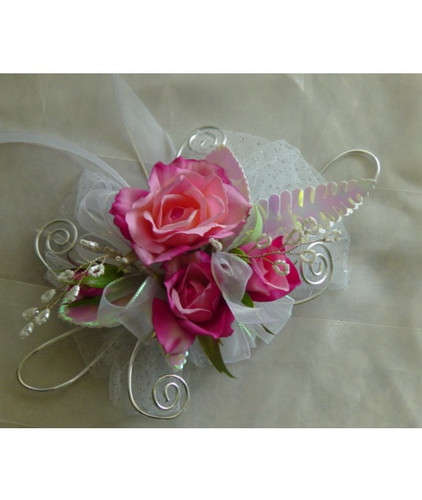Pink Rose White Iridescent Silver Trimmed Prom Flowers Corsage