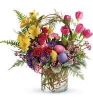 Pop of Easter Flowers for Spring from Enchanted Florist. This delightful bouquet includes pink roses, pink tulips, yellow alstroemeria, pink miniature carnations, lavender matsumoto asters, lavender wax flower, dusty miller, asparagus plumosus, sword fern, pitta negra, and curly willow. Delivered in a clear cylinder vase. Approximately 18 1/2" W x 15" H
SKU RM130