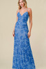 Blue Floral Sequin Embellished Fit and Flare Maxi Dress