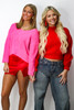 Hot Pink Cable Knit V Neck Sweater
