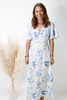 Blue Chinoiserie Ruffle Sleeve Floral Maxi Dress