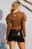 Furry Long Sleeve Button Back Top in Brown