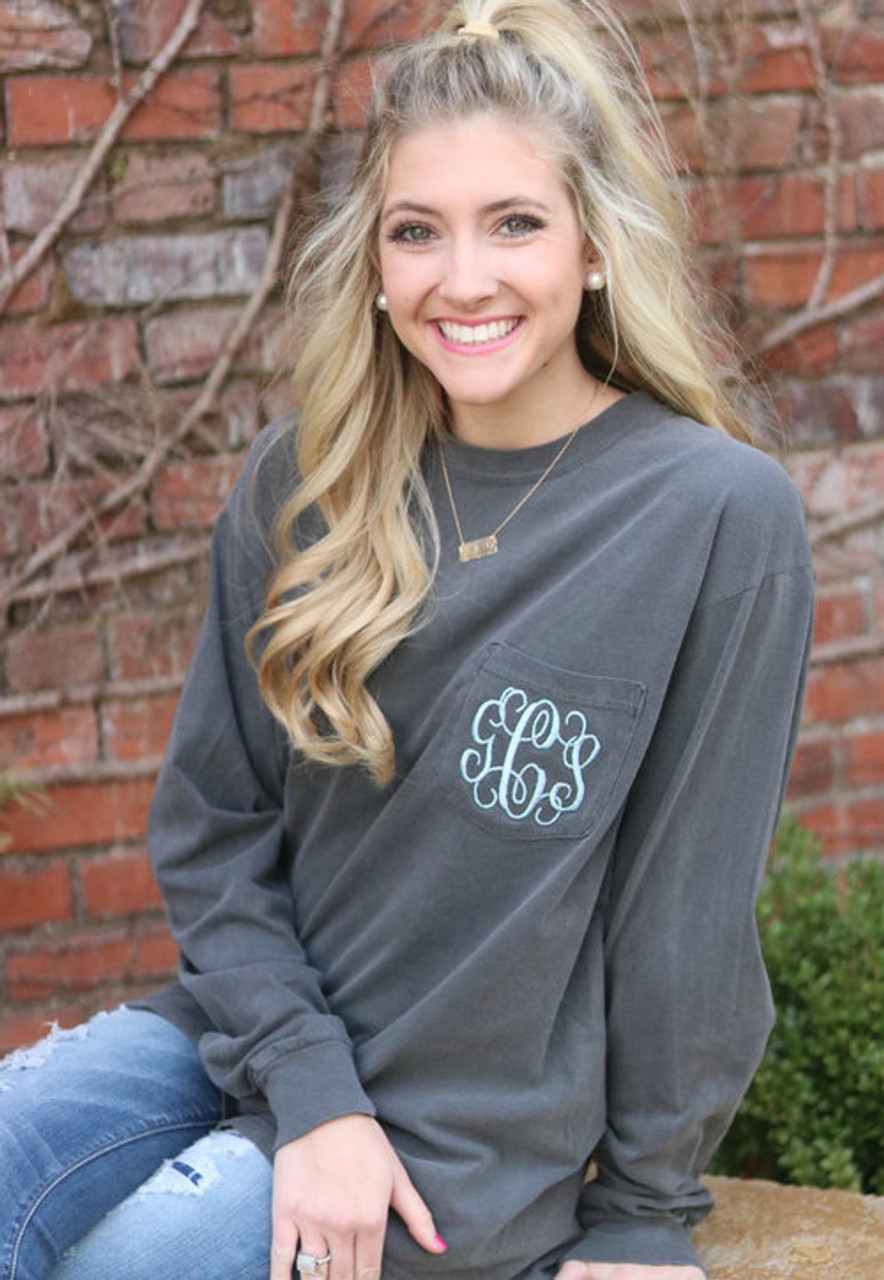 Monogrammed Comfort Colors Pocket Tee | Long Sleeve | Pepper