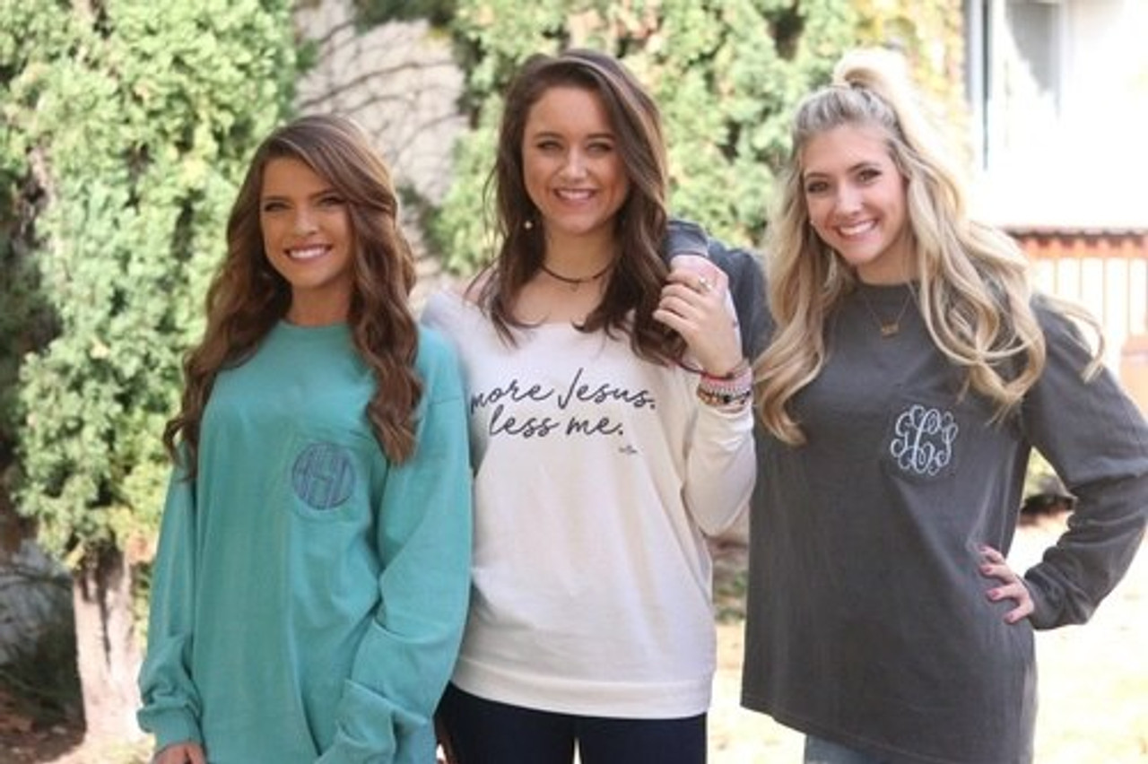 Monogrammed Comfort Colors Pocket Tee Long Sleeve Seafoam Ginny Marie S