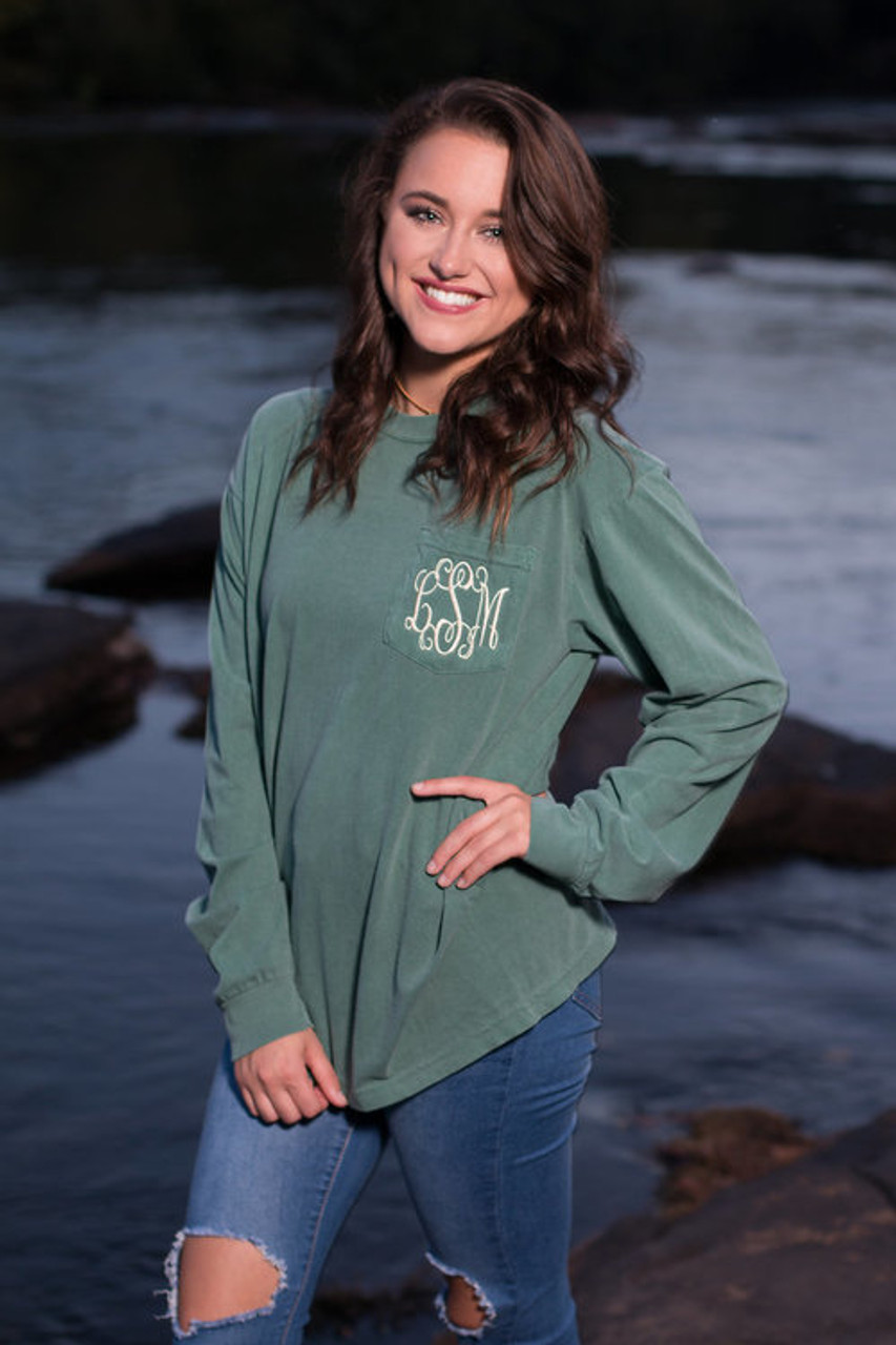 Monogrammed Comfort Colors Pocket Tee Long Sleeve Light Green Ginny Marie S