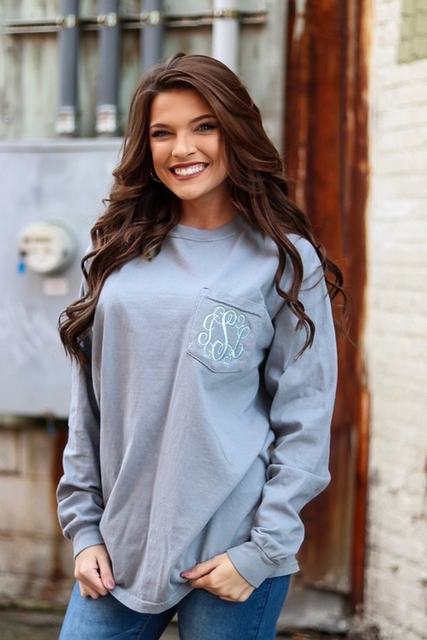 Monogrammed Comfort Colors Pocket Tee | Long Sleeve | Granite