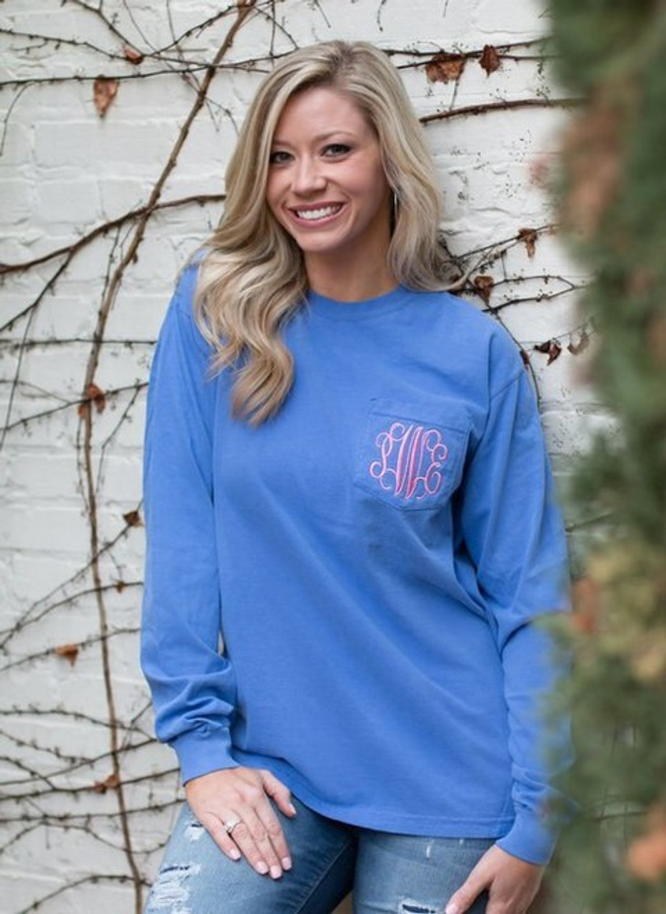 Monogrammed Comfort Colors Pocket Tee | SHORT SLEEVE | Mystic Blue