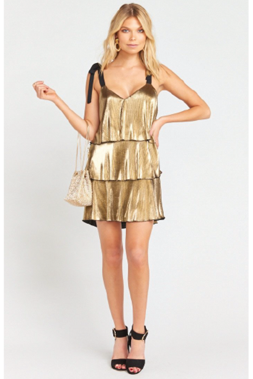 Show Me Your Mumu Suarez Ruffle Dress Pleated Gold