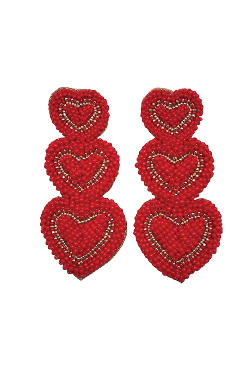 Statement beaded Red heart earrings for women, beaded hearts