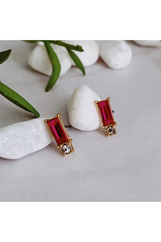 Baguette Cut Stone Stud Earrings in Deep Pink