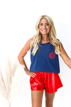 Navy Monogrammed Comfort Colors Pocket Tank paired with our Red Shorts Perfect Memorial Day or July 4th Outfit