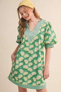 Kelly Green Hydrangea V-Neck Puff Sleeve Dress