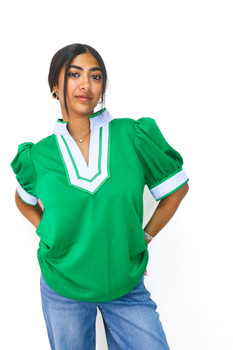 Puff Sleeve Spring Blouse in Kelly Green Sky Blue Combo
