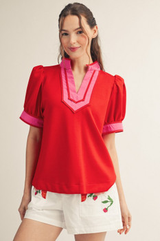 Puff Sleeve Spring Blouse in Red Pink Color 