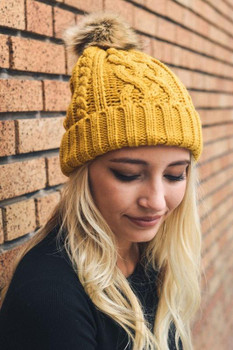 Mustard Cable Knit Pom Beanie