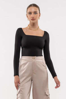 The Squared Neck Satin Long Sleeve in Black