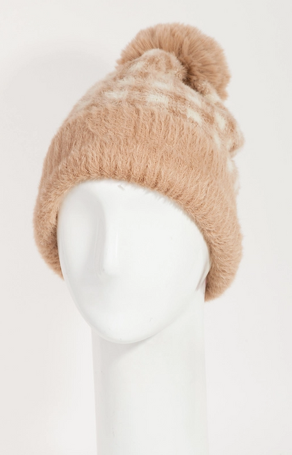 Fuzzy Pompom Plaid Beanie | Khaki
