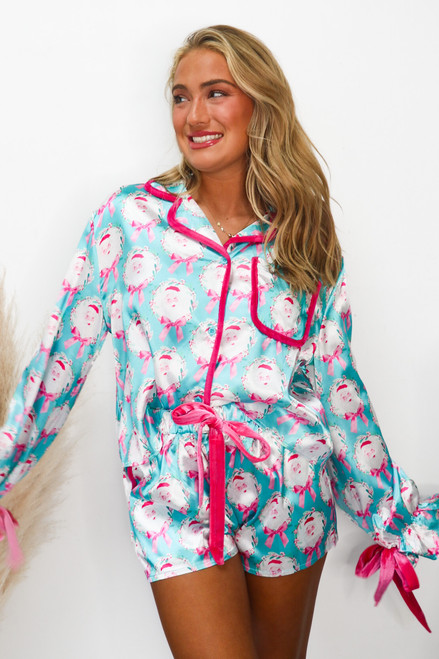 Aqua and Hot Pink Santa Bow Christmas Pajamas