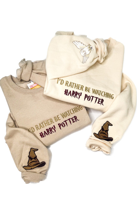 Custom Harry Potter Sweatshirt - I'd Rather Be Watching Harry Potter, Owl, Sorting Hat Sleeve Detail